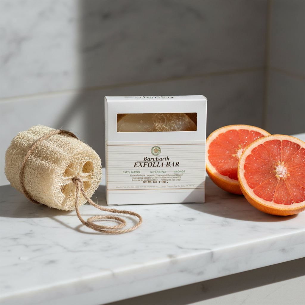 Exfolia luffa and hemp exfoliating soap with fresh grapefruit halves on white marble
