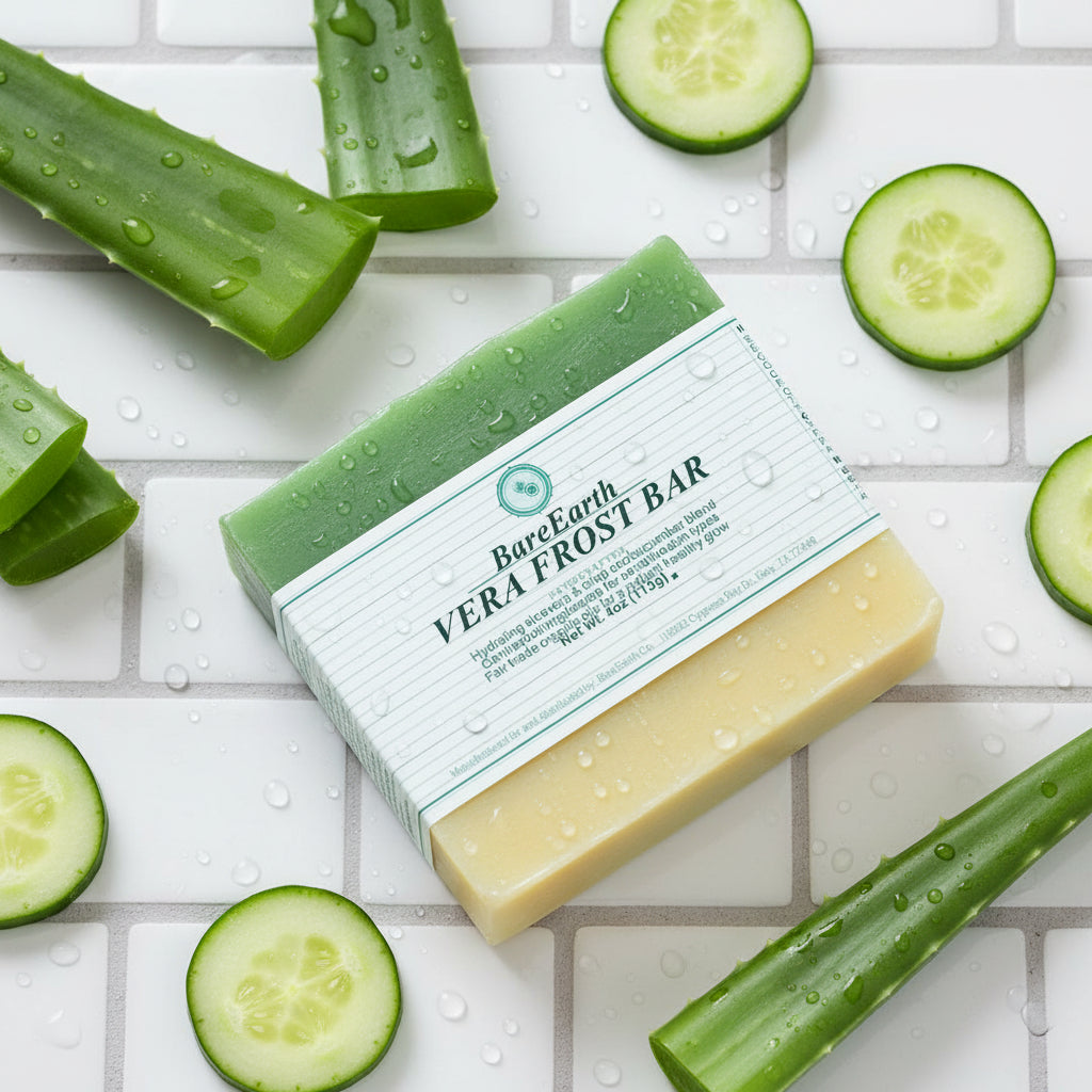 Vera Frost aloe and cucumber soap bar with fresh aloe leaves, cucumber slices on white tile