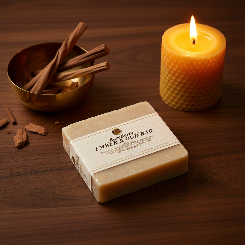 Ember & Oud sandalwood soap bar with brass bowl, beeswax candle on dark walnut