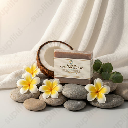 Coco Soleil tropical soap bar with monstera plants, coconut, plumeria flowers on marble